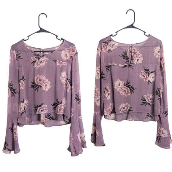 Cropped Pop-Over Boho Floral Festival Blouse with Bell Sleeves Women's Medium - Picture 2 of 7
